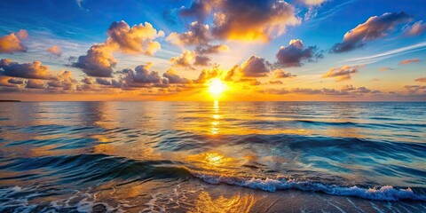 Obraz premium Sunrise illuminating the tranquil sea waters, sunrise, sea, ocean, horizon, morning, dawn, calm, peaceful, nature, beauty