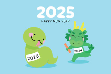New year of the snake 2025 with snake and dragon relay race. Zodiac dragon passing a baton to zodiac snake. Chinese new year animals cartoon illustration.