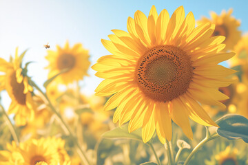 Fototapeta premium vibrant sunflower field with golden blooms basking in the sunlight and bees collecting nectar under a clear blue sky