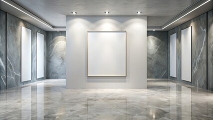 Fototapeta premium Sleek exhibition room with empty frame on Bianco Lasa marble floor, exhibition, room, sleek,empty frame