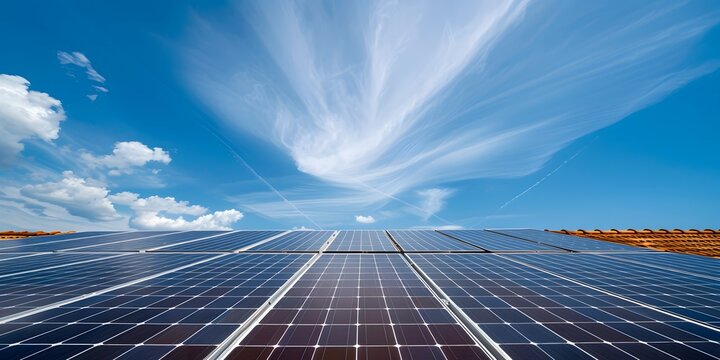 Blue sky and white clouds over solar panels on a rooftop