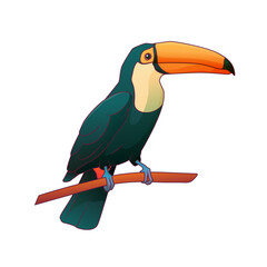 Bright vector illustration of a tropical toco toucan bird sitting on a branch, isolated on a white background. Ramphastos bird