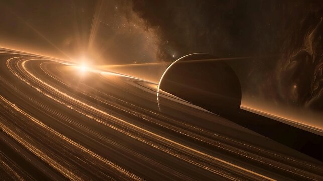 A breathtaking digital artwork featuring Saturn's rings illuminated by the rays of the sun, with a distant, mysterious planet in the background, creating an ethereal and surreal cosmic scene.