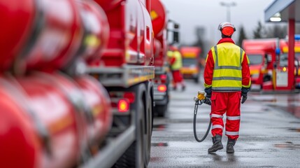 Fototapeta premium Dynamic scene of propane delivery trucks at a fueling station, with operators in safety gear managing the refueling process, focus cover all object, deep dept of field