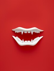 Naklejka premium Minimalist Vampire Fangs on Red Background - Bold and Striking Halloween Concept for Designs and Decor