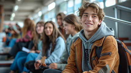 Fototapeta premium A telephoto angle photo of first-year students sitting on dormitory steps, chatting and sharing their backgrounds, with copy space