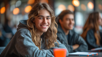 A telephoto angle photo of first-year students engaging in a group discussion during a study session, collaborating and helping each other, with copy space