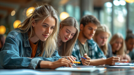 Obraz premium A telephoto angle photo of first-year students engaging in a group discussion during a study session, collaborating and helping each other, with copy space