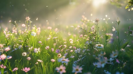Fototapeta premium meadow with a soft focus effect, filled with blooming wildflowers and soft, diffused light creating a whimsical, dreamlike ambiance. 