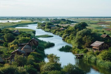 Fototapeta premium Serene View of the Danube Delta with Lush Greenery and Traditional Wooden Huts - Ideal for Travel Posters and Nature Prints