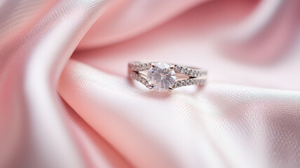 Obraz premium Jewellery, proposal and holiday gift, diamond engagement ring on pink silk fabric, symbol of love, romance and commitment inspiration