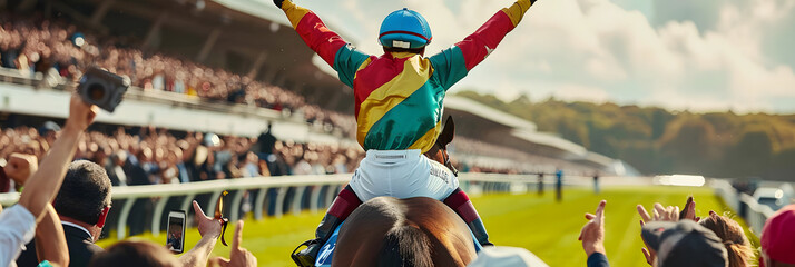 A jockey in colorful silks raises their arms in victory while riding their horse, surrounded by cheering spectators at a horse race track