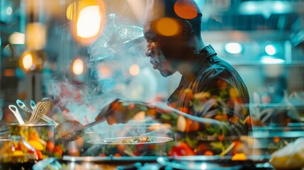 Chef cooking with recycled materials close up, focus on, copy space with vibrant colors, double exposure silhouette with kitchen tools