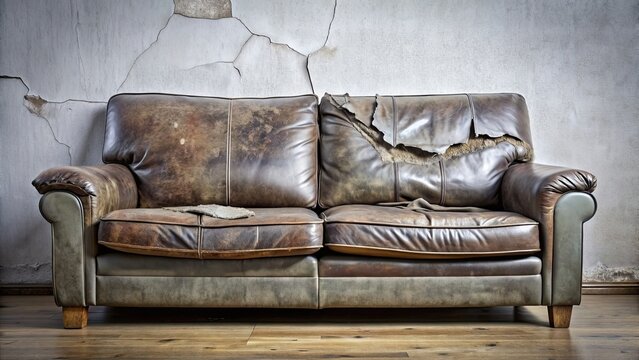 Damaged old leather grey sofa with cracked couch skin texture background, damaged, old, leather, grey, sofa, cracked