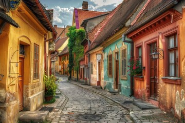 Fototapeta premium Charming Historic Town Street with Colorful Houses - Ideal for Travel and Architecture Design