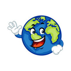 Happy cartoon Earth with a big smile and friendly wave, promoting environmental awareness.