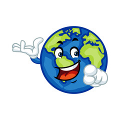 Obraz premium Happy cartoon Earth mascot presenting and pointing, perfect for environmental campaigns.