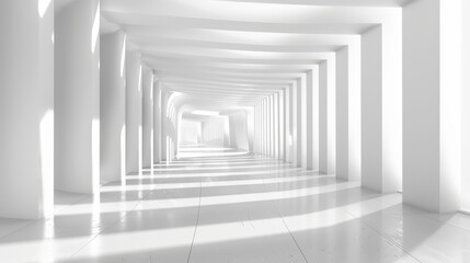 A minimalist white corridor showcases an elegant play of shadows and soft light, emphasizing simplicity and artistic design.