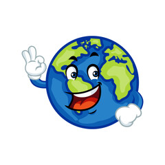 Happy cartoon Earth giving an OK sign, promoting environmental awareness and sustainability.