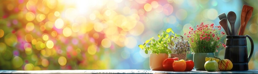 Fototapeta premium Eco-friendly cooking with recycled materials close up, focus on, copy space with colorful tones, double exposure silhouette with sustainable utensils