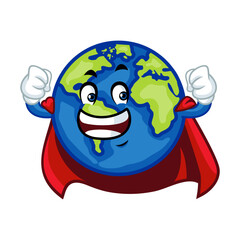 Cartoon Earth as a superhero wearing a red cape, promoting environmental protection.