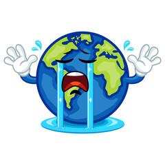 Sad cartoon Earth cries, symbolizing environmental issues like climate change and pollution.