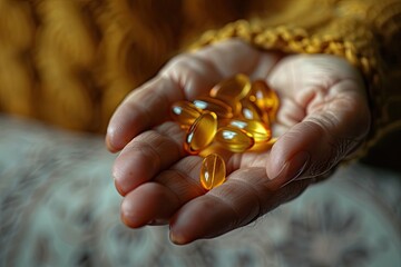 Elderly person holding a handful of golden pills in their wrinkled palm