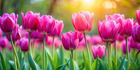 Obraz premium Vibrant pink tulips blooming in a spring garden, spring, pink, tulips, flowers, garden, vibrant, blooming, nature, beauty, petals