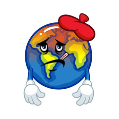 A cartoon Earth with a thermometer and ice pack looking sick, representing global warming.