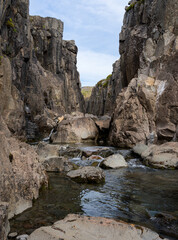 Scenic view of Godafoss canyon at Bjarnarfjörður in Westfjords, Iceland. Hidden place away from tourist crowds.
