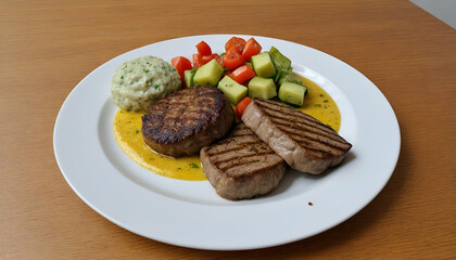 Two juicy beef patties with multi vegetable salad in a plate isolated on white background.