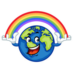 Obraz premium Happy cartoon Earth holding a rainbow. Perfect for environmental or weather illustrations.