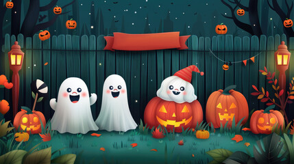 Obraz premium Friendly ghosts in pumpkin patch for Halloween fun, flat design concept.
