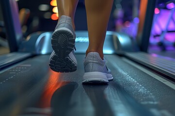 Fototapeta premium Close-Up of In-Focus Leg Running on Gym Treadmill