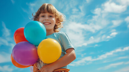 Close up of a smilling teenager on blue sky background holdsing colorful balloons in his hands. Copy space, place for the text on the right. Happy birthday and happy childhood concept. Generative AI.