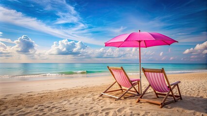 Fototapeta premium Pink beach chairs and a beach umbrella set up on a sandy beach, pink, beach chairs, beach umbrella, sand, relaxation, vacation