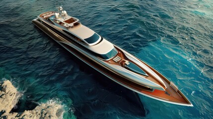 Fototapeta premium Luxurious modern yacht with beautiful wooden deck and sleek design cruising in crystal clear blue waters near the coast, perfect for a serene ocean voyage.