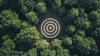 An aerial photograph capturing a target motif embedded in a dense green forest, offering a unique and striking contrast between natural foliage and geometric precision.