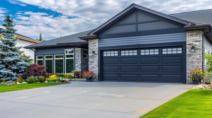 Well-maintained modern house with a stylish garage and landscaped garden on a clear day in a suburban neighborhood