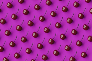 Many cherries on dark magenta background. Top flat view, diagonal grid. 3d render, illustration