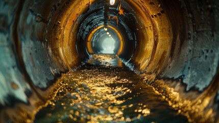 Water flows through a dimly lit underground tunnel with metallic walls reflecting golden light,...