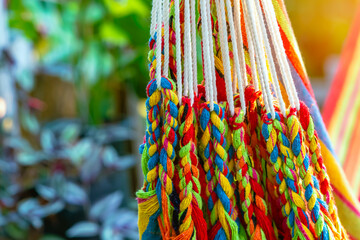 Colorful cotton rope. Thick cotton rope showing detail of threads and fibres. Yarn braid rope of...