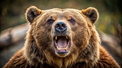 Obraz premium Grizzly bear in aggressive attack stance with open mouth and raised claws, wildlife, nature, danger, predator
