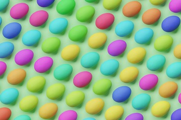 Many colorful eggs on light green background. Top flat view, disorder. 3d render, illustration