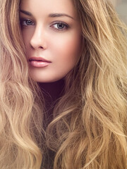 Fototapeta premium Beautiful modern blonde woman with volume hairstyle, long luxurious hair and beauty makeup, glamorous look face portrait for luxury fashion and natural cosmetics idea