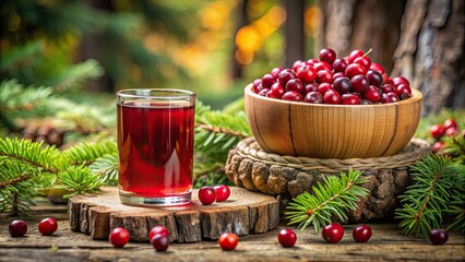 Healthy wild cranberries and cranberry juice set in a rustic forest setting