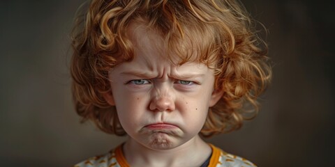Fototapeta premium Child expressing frustration with a scrunched face in a muted background during indoor playtime at home