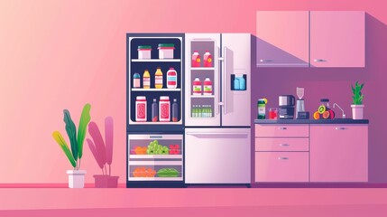 Smart Refrigerator flat design, side view, tech-savvy theme, animation, Split-complementary color scheme