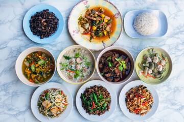 Set of dishes for healthy food on marble background. Vegetarian food concept. Set of healthy vegetarian food. Vegetables, fruit, seeds, cereals, beans, spices, superfoods, herbs, Condiment for vegan.