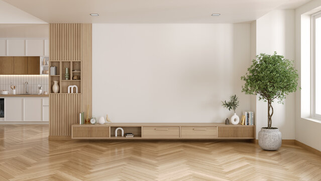 Fototapeta Minimal scandinavian design of  living room interior ,wood floor ,white wall ,Mockup a TV , 3d render